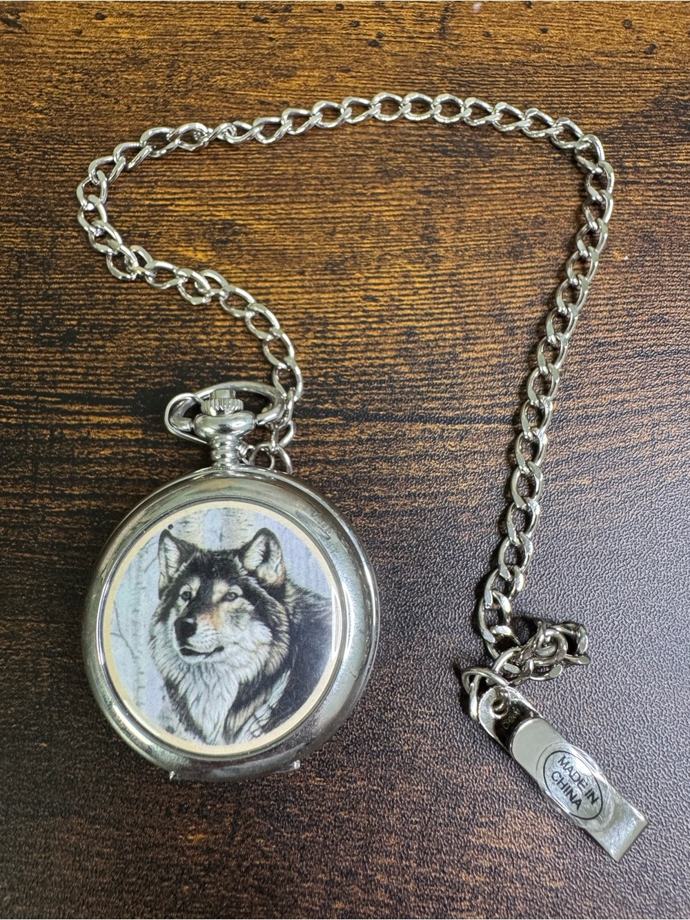 Avon Majestic Encounters Silver Pocket Watch with Wolf Illustration and Chain